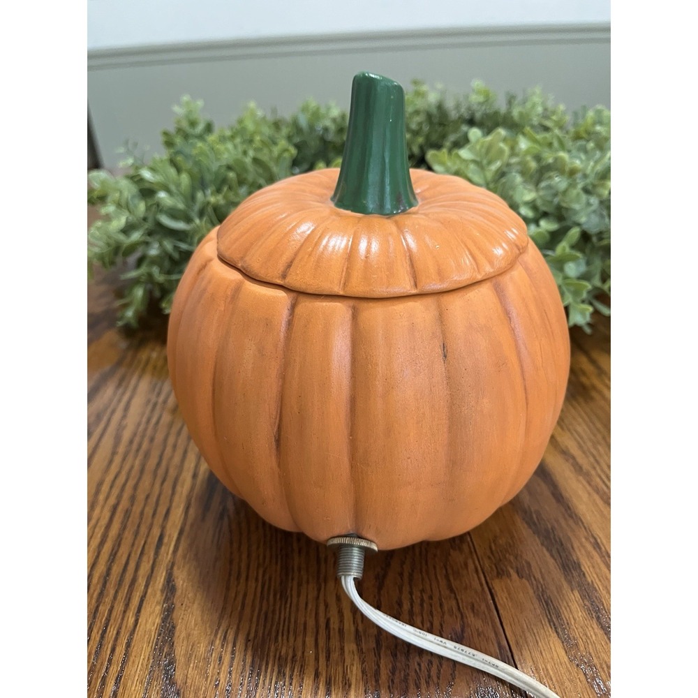 Vintage 70s Ceramic Light Up Orange Halloween Pumpkin Jack-o'-lantern Lid - Picture 4 of 9